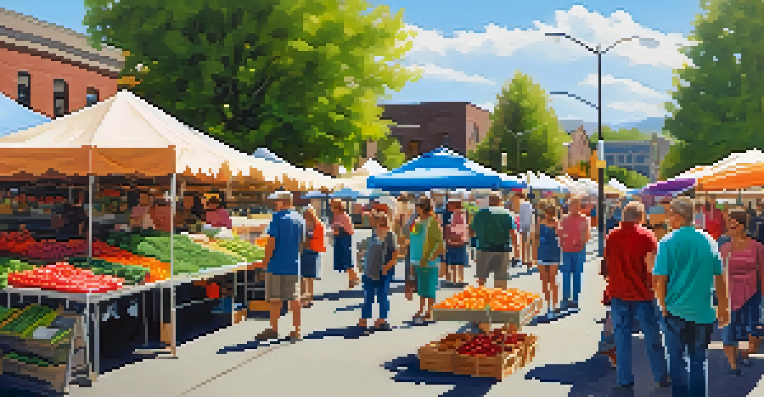 A lively farmers' market in Spokane with vendors selling fresh produce and handmade crafts, filled with visitors enjoying the day.