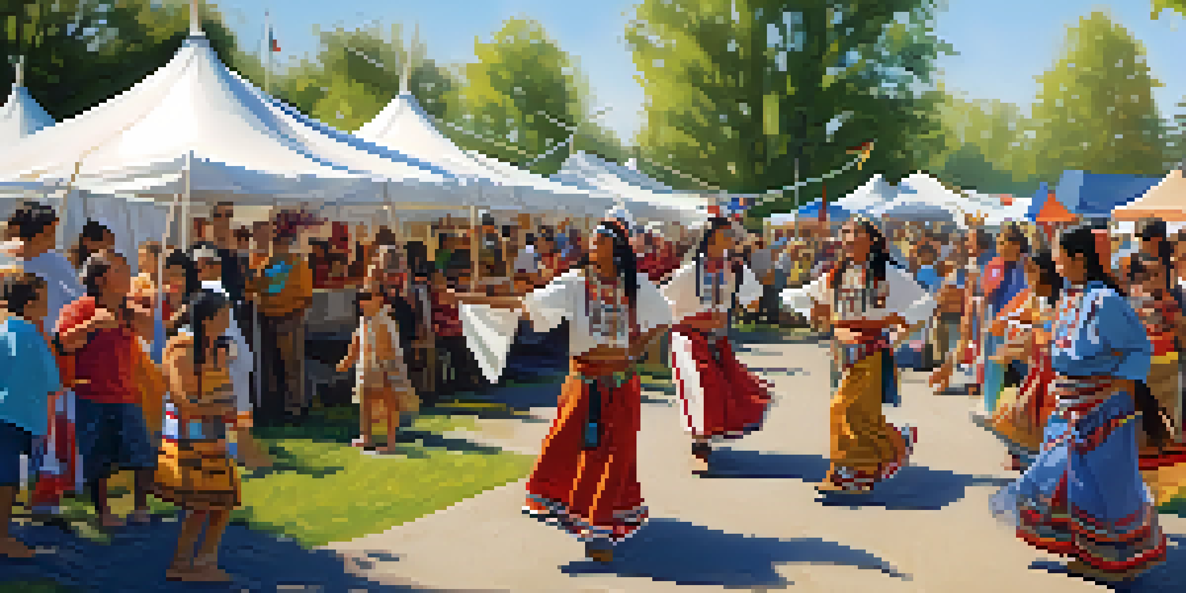 A lively celebration with tribal members in traditional clothing dancing in a park, surrounded by colorful tents and food stalls.