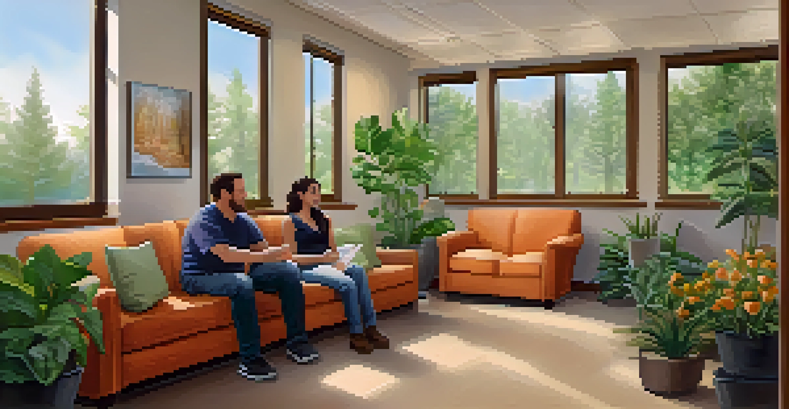 A welcoming counseling center in Spokane, featuring a cozy waiting area and a therapist speaking with a client.