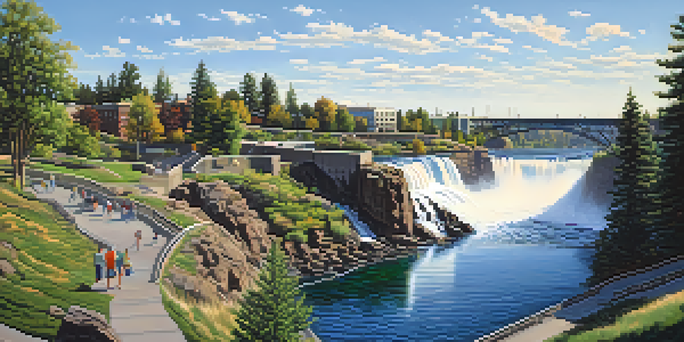 A picturesque scene of Spokane Falls with cascading water and lush greenery, featuring visitors walking along a pathway.