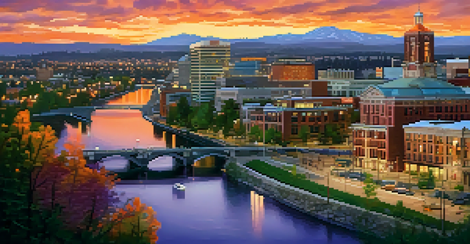 A sunset view of Spokane's skyline with diverse individuals discussing healthcare accessibility.