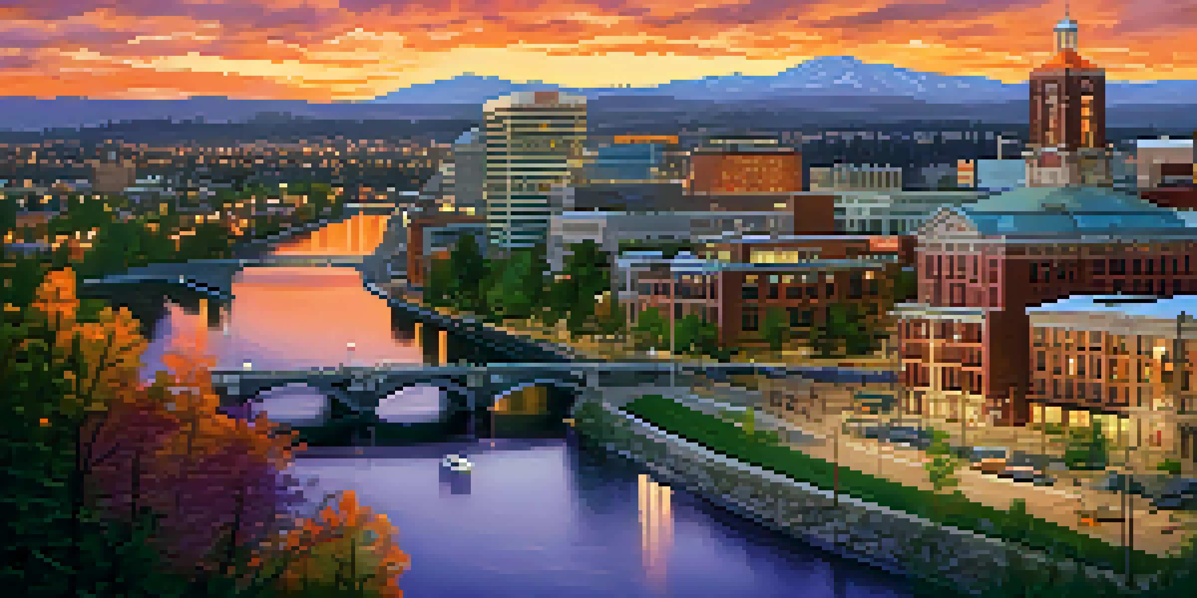 A sunset view of Spokane's skyline with diverse individuals discussing healthcare accessibility.