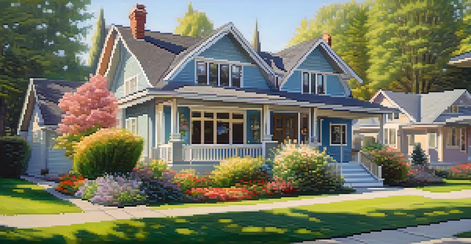 The front yard of a charming home in South Hill, Spokane, showcasing colorful flowers, a cozy porch, and a clear blue sky.
