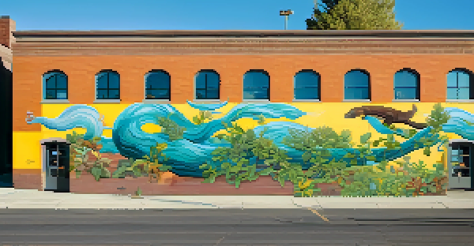 A colorful mural depicting the Spokane River and local wildlife on a building wall.
