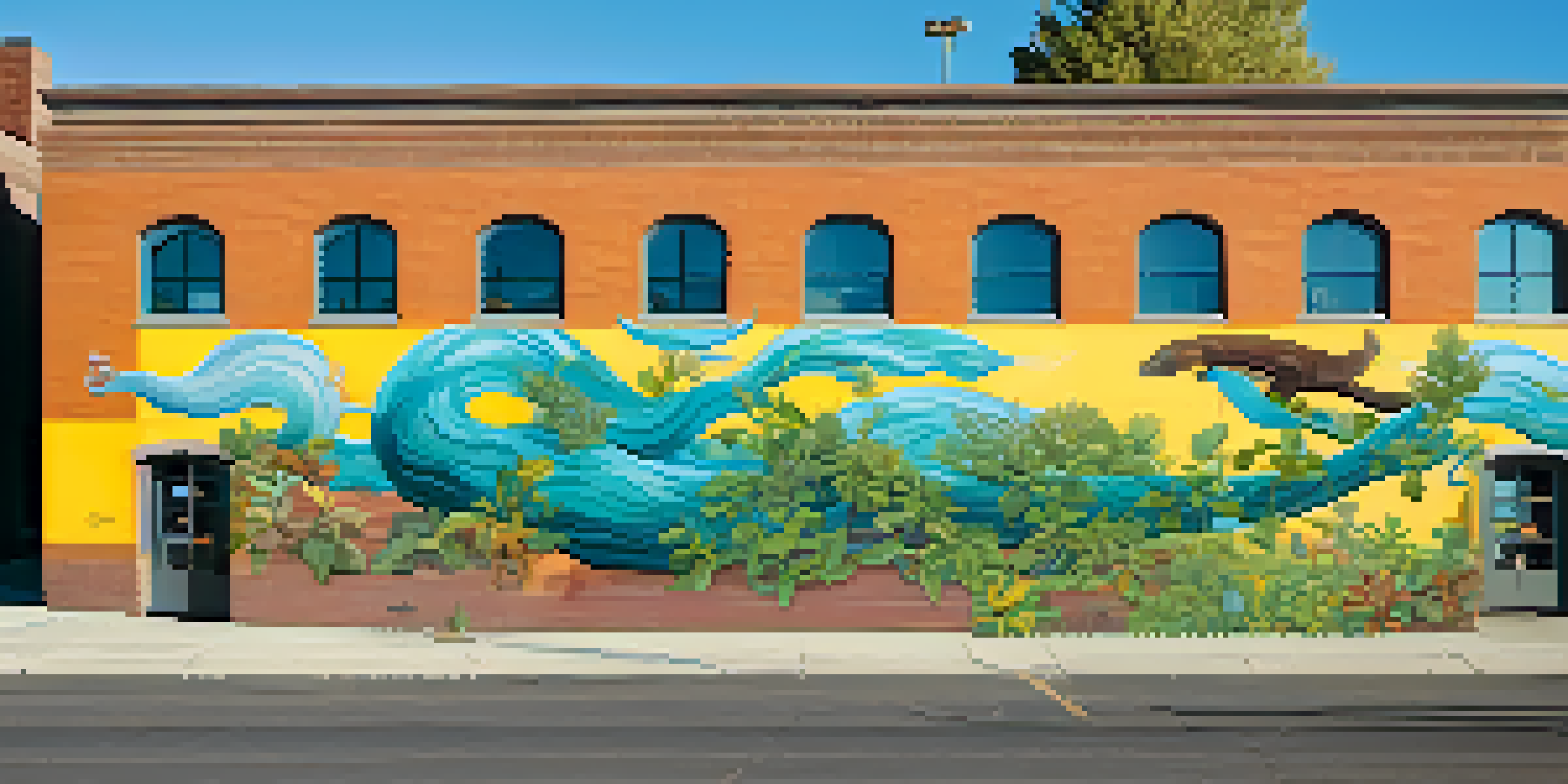 A colorful mural depicting the Spokane River and local wildlife on a building wall.