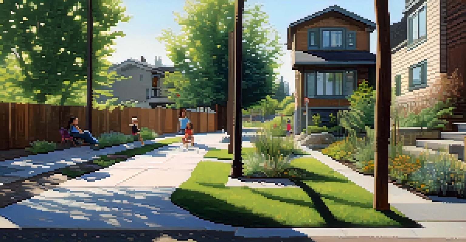 An urban street in Spokane with permeable pavement and a rain garden, with children playing nearby.