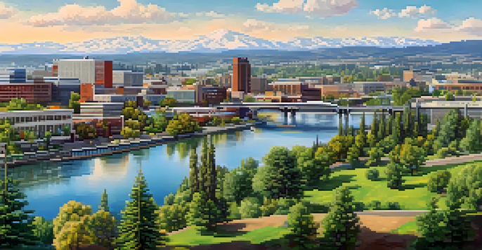 A wide view of Spokane city with green parks and the Spokane River, under a clear blue sky.