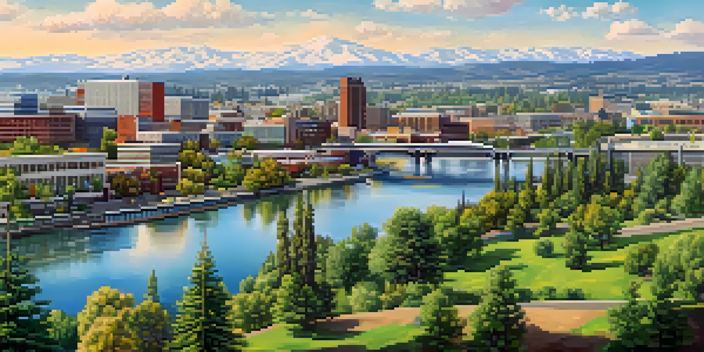 A wide view of Spokane city with green parks and the Spokane River, under a clear blue sky.