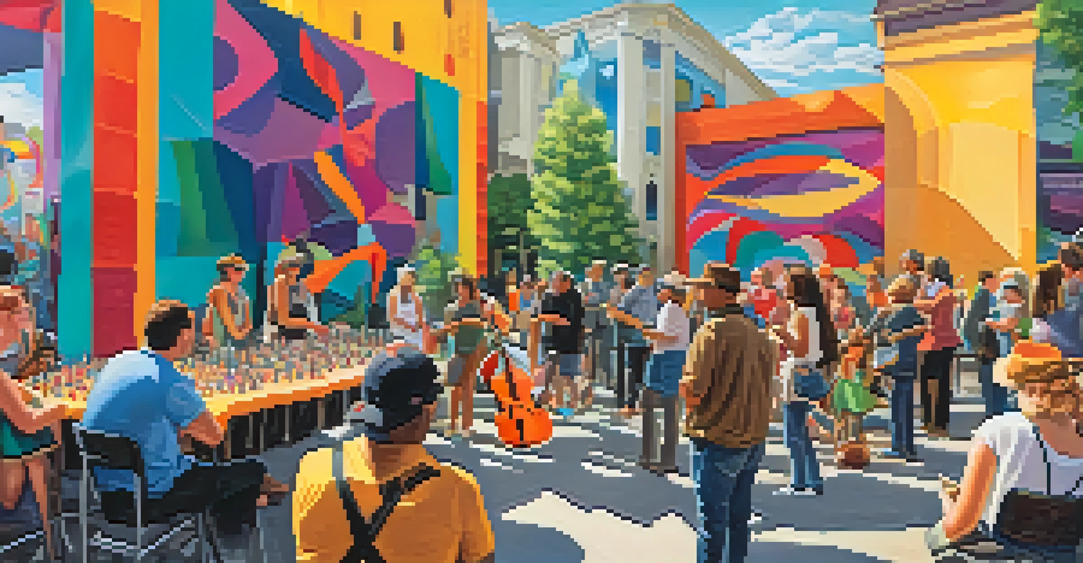 A colorful art installation at a festival in Spokane with people interacting with murals while a jazz band performs.