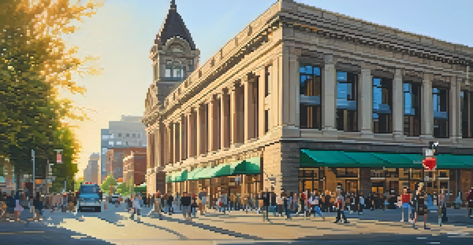 A lively street scene in front of the Old National Bank Building in Spokane, with people enjoying the architecture at sunset.
