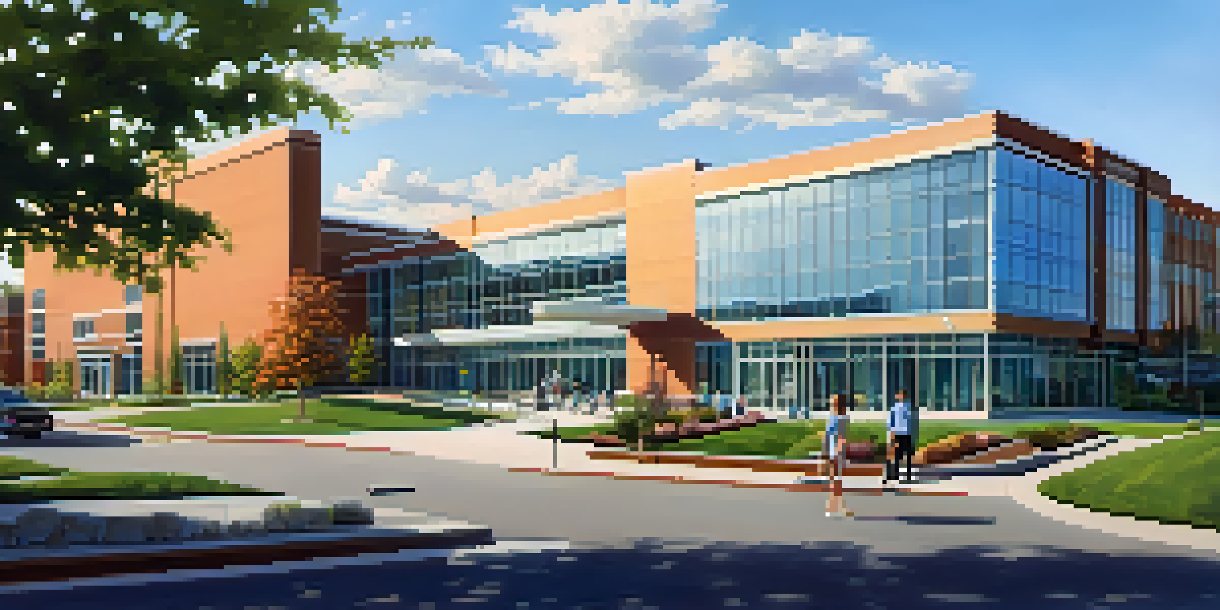 A modern healthcare facility in Spokane with glass architecture and people entering and exiting.