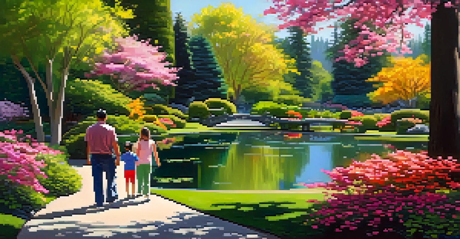 A family walking through the Japanese Garden at Manito Park, surrounded by colorful flowers and a pond.