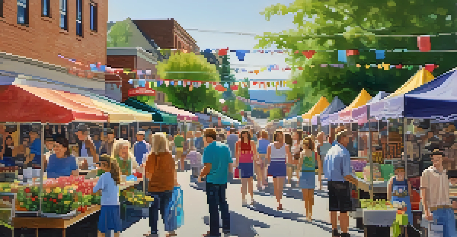 A vibrant street fair at the Spokane Lilac Festival, showcasing colorful booths, food vendors, and families enjoying the festivities, with lilac bushes in the background.