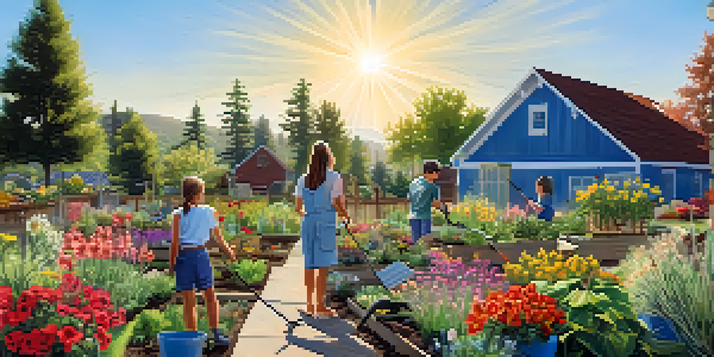 A community garden in Spokane with drought-resistant plants and a family gardening under a blue sky.