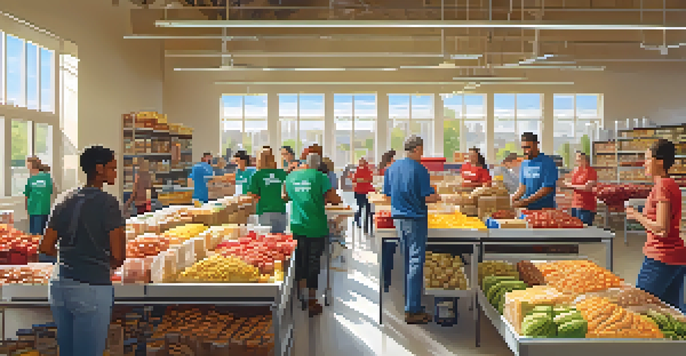 Volunteers sorting food at a local food bank, with diverse individuals working together in a bright space.