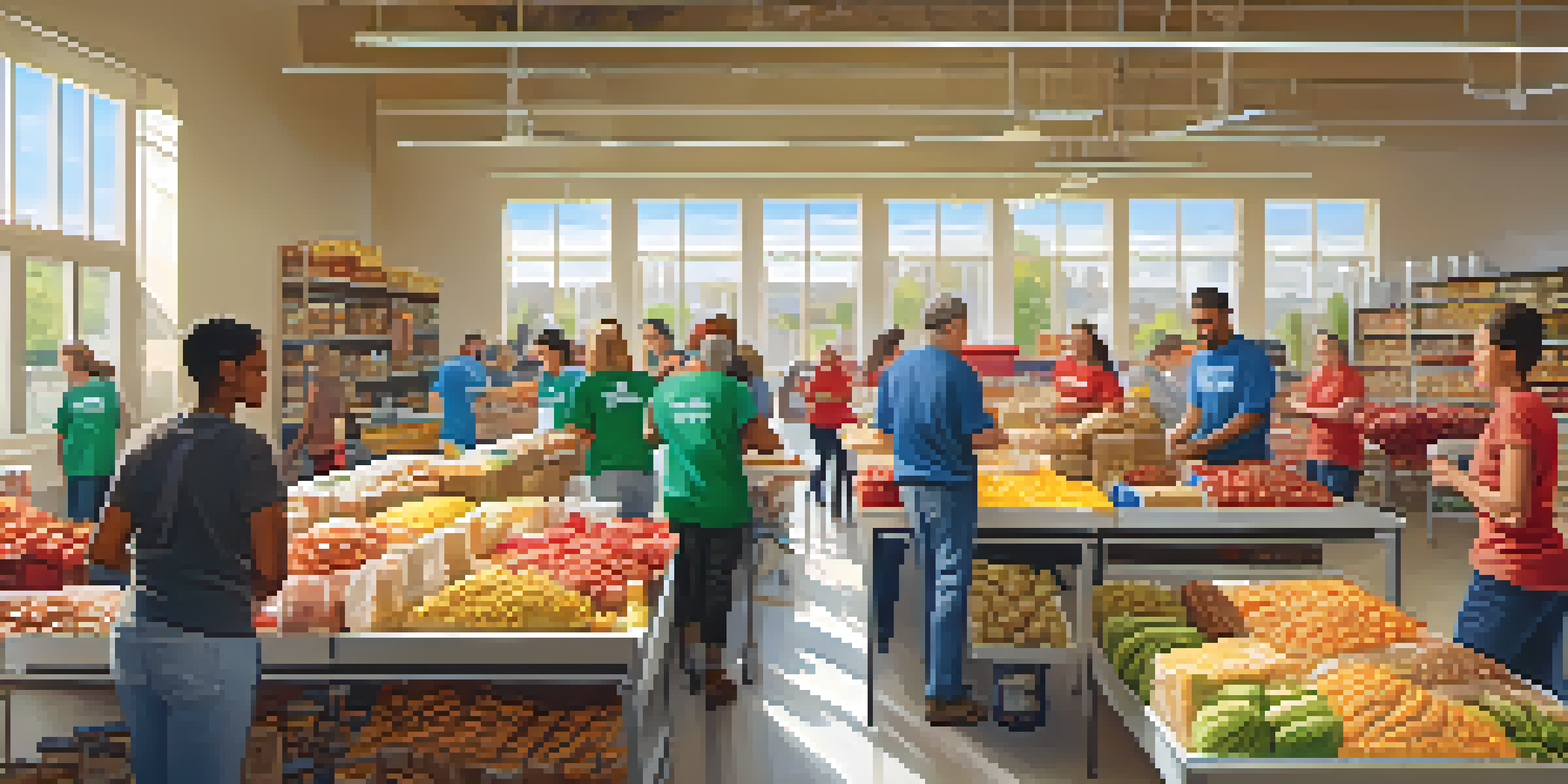 Volunteers sorting food at a local food bank, with diverse individuals working together in a bright space.