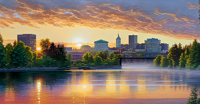 A beautiful sunrise over the Spokane River with mist rising from the water and a silhouetted urban skyline.