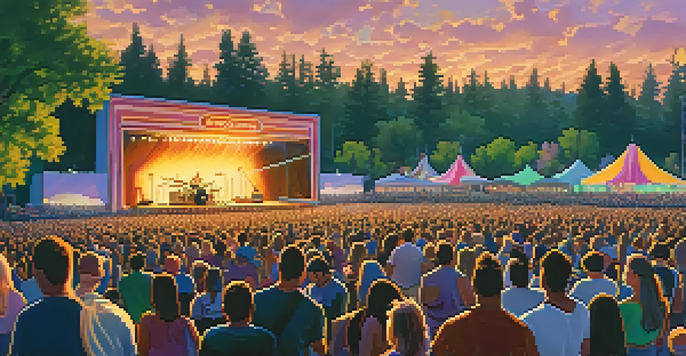 A lively outdoor music festival in Spokane with a diverse crowd, a brightly lit stage, and musicians performing during sunset.