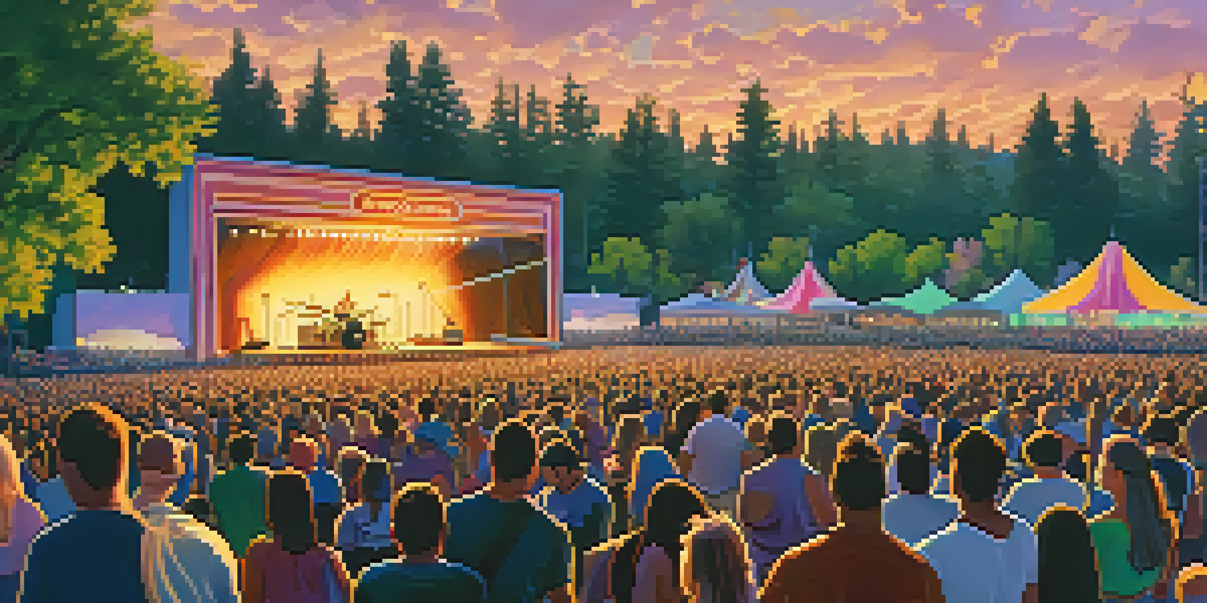 A lively outdoor music festival in Spokane with a diverse crowd, a brightly lit stage, and musicians performing during sunset.