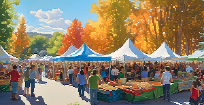 A lively Spokane cultural festival with colorful tents and diverse food, featuring people from various backgrounds enjoying the event under the sunlight.