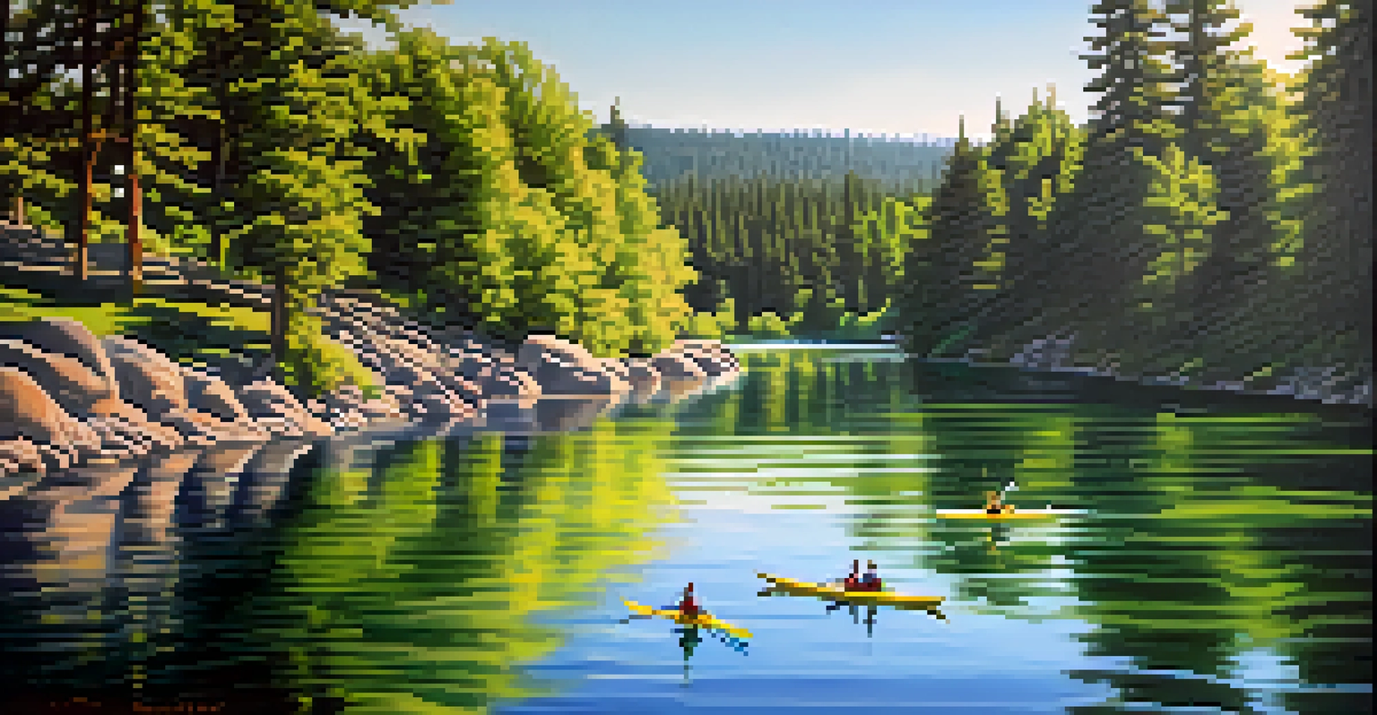 A peaceful summer scene of kayakers on the Spokane River surrounded by greenery and mountains under a bright sun.