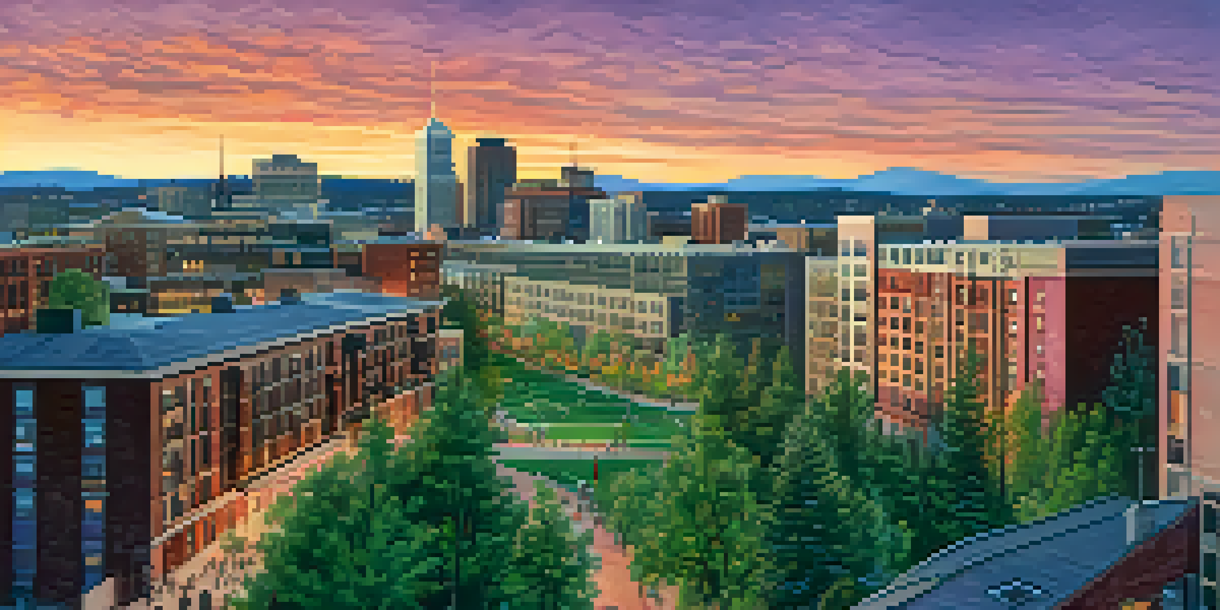 A scenic sunset view of Spokane's skyline with modern and historic buildings, surrounded by green parks.