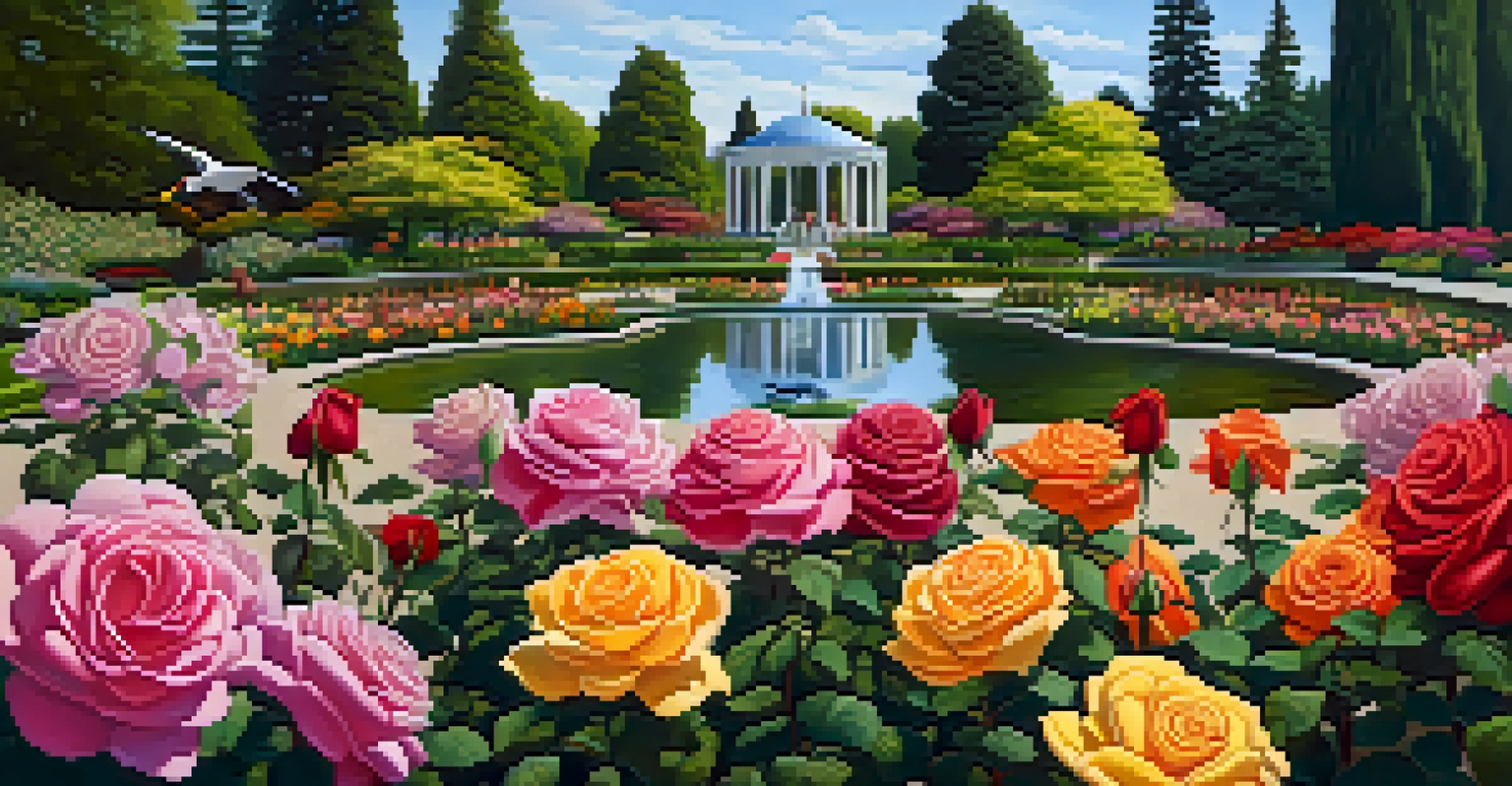 A colorful Rose Garden at Manito Park in Spokane, with blooming roses and a pond with ducks, while visitors enjoy the tranquil setting.