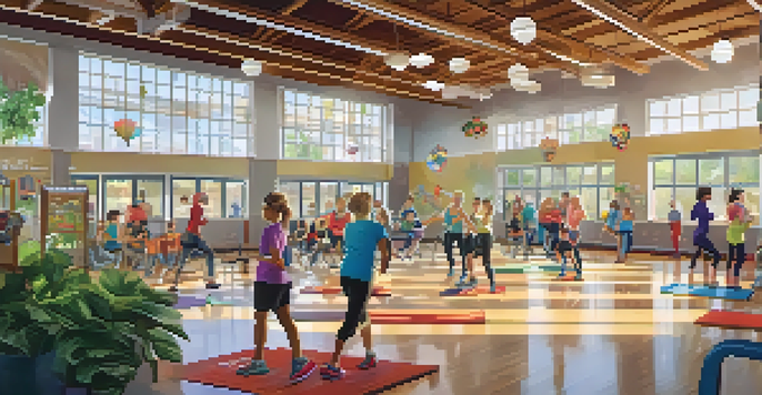 A lively community center in Spokane with diverse activities for all ages, including a fitness class, children's playgroup, and seniors' social club, illuminated by warm sunlight.