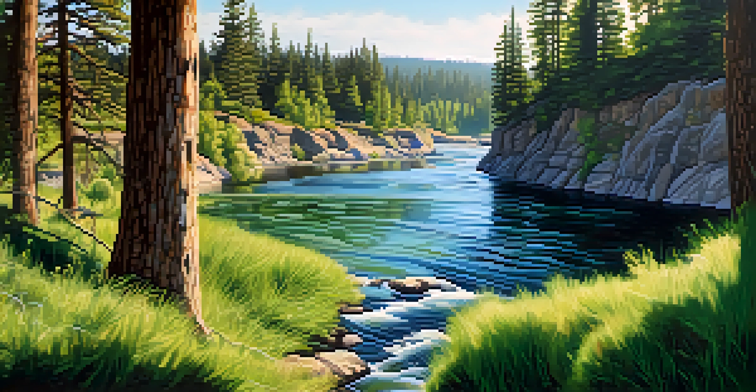 A close-up view of the Spokane River with clear waters and lush greenery, featuring cascading waterfalls.
