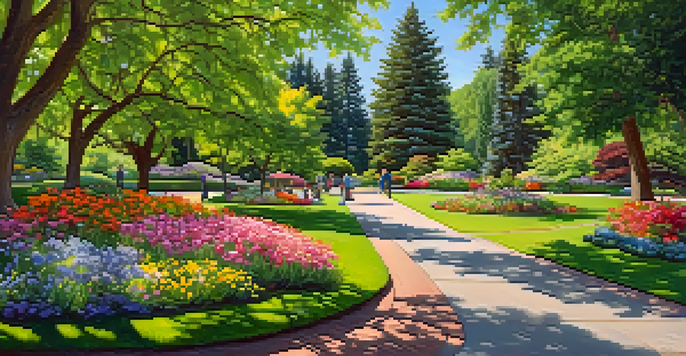 A beautiful garden in Manito Park with colorful flowers, pathways, and a family having a picnic under a tree.