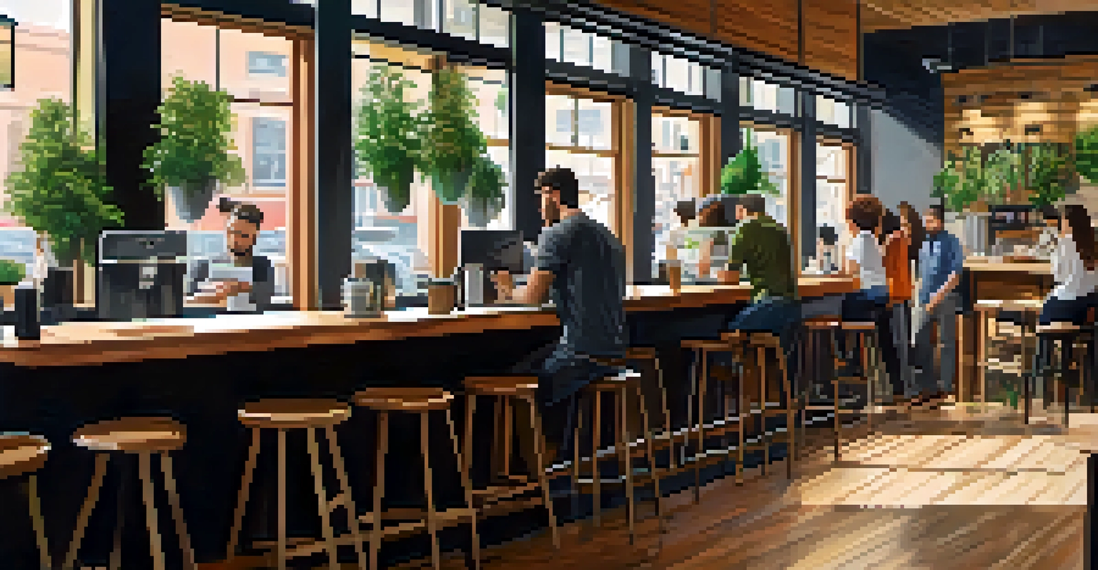 A lively coffee shop in Downtown Spokane, filled with young professionals and modern decor, with a barista preparing coffee.