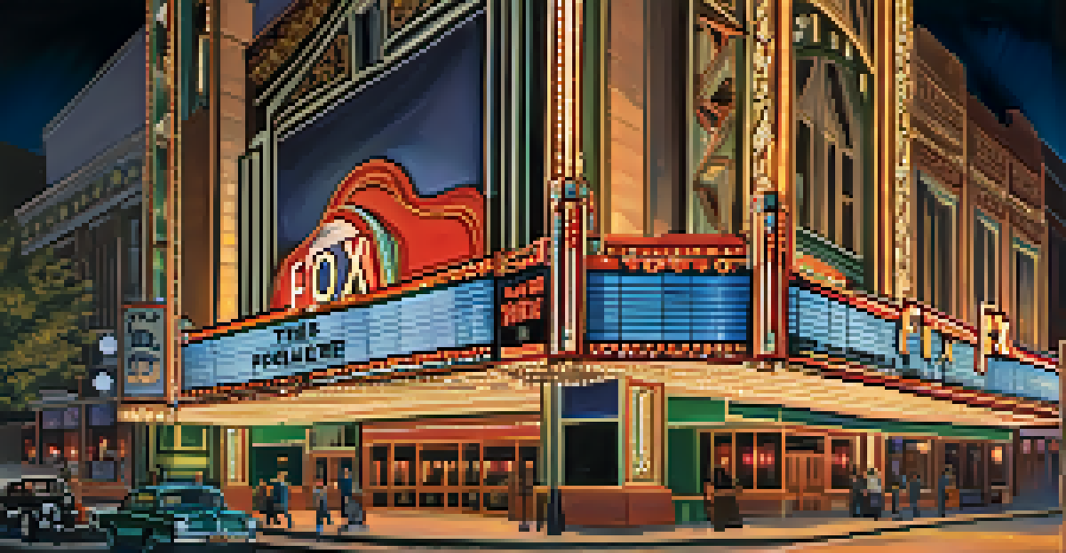 The Fox Theater illuminated at night, showcasing its Art Deco architecture and neon lights, with pedestrians walking by and city lights in the background.