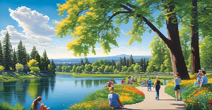 A scenic view of the Spokane River with families, children playing, and artists painting in a vibrant park filled with wildflowers and tall trees, under a clear blue sky.