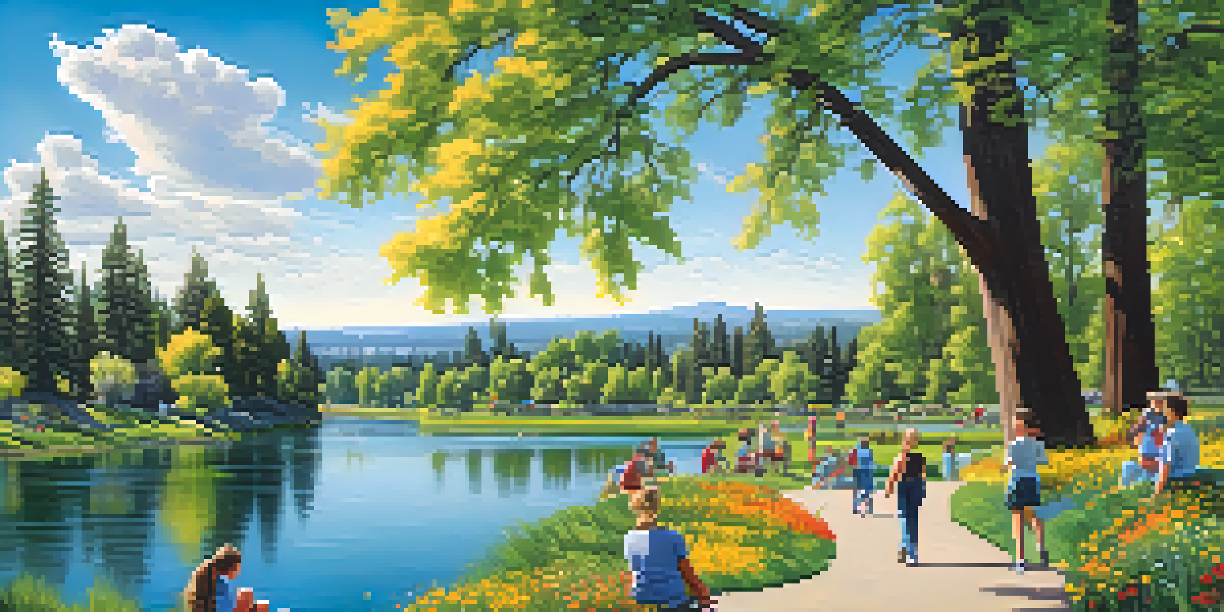 A scenic view of the Spokane River with families, children playing, and artists painting in a vibrant park filled with wildflowers and tall trees, under a clear blue sky.