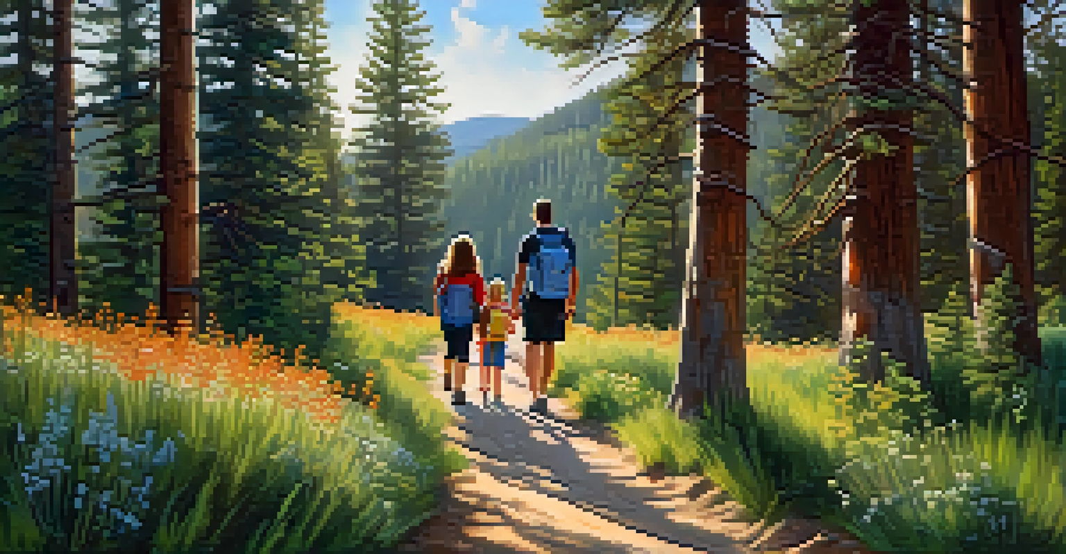 A family hiking on a trail in the mountains near Spokane, surrounded by nature.