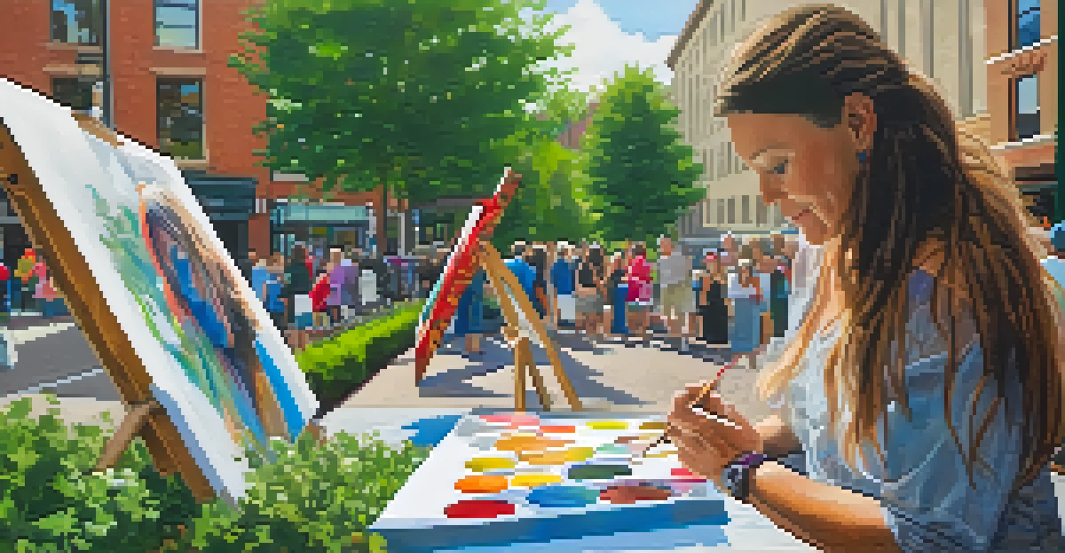 A local female artist painting outdoors during Spokane's Art Walk, surrounded by colorful artwork and visitors admiring the art.