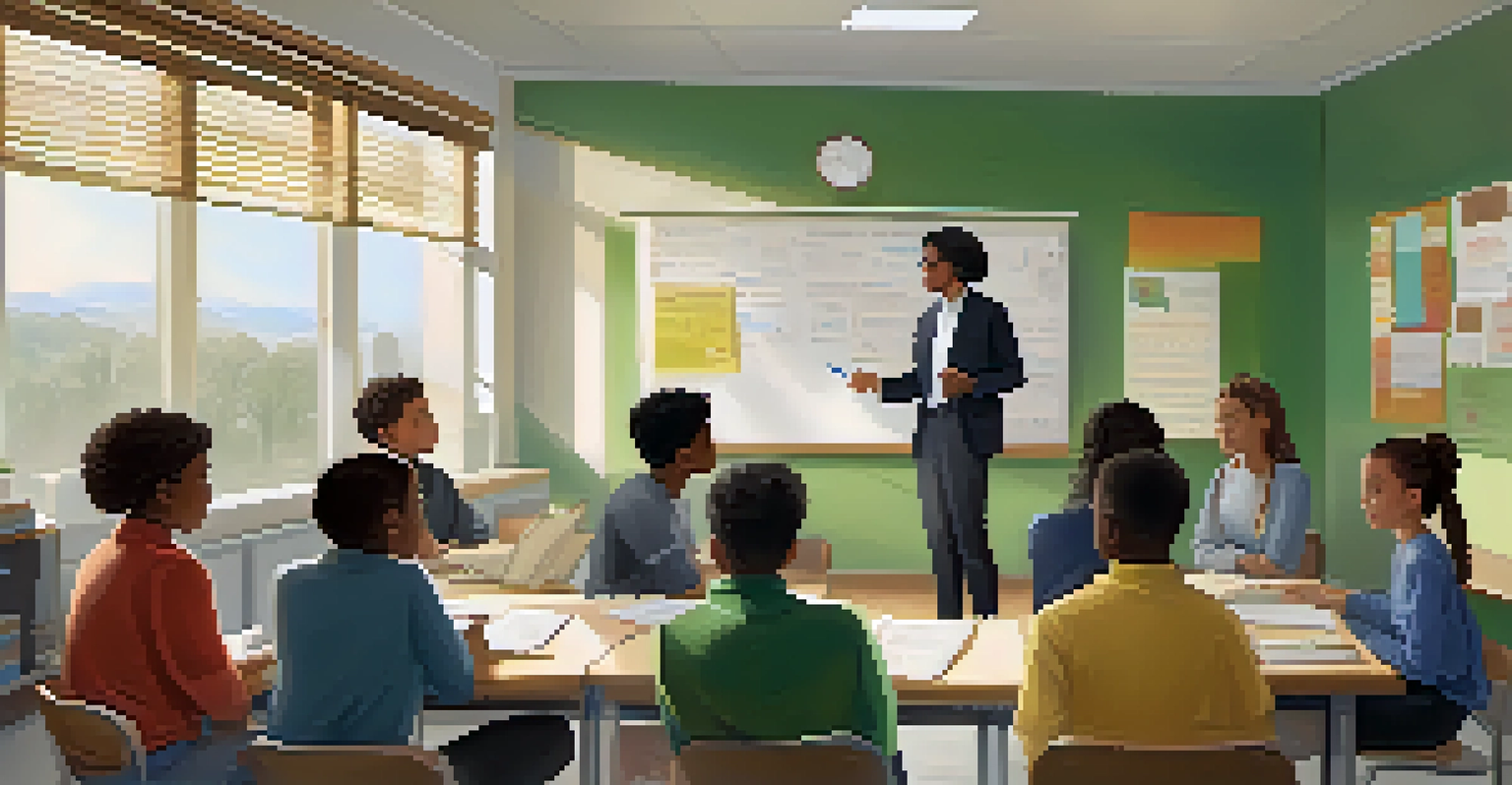 A lively classroom with students of different backgrounds discussing ethics and community service, led by an instructor, with natural light illuminating the space.