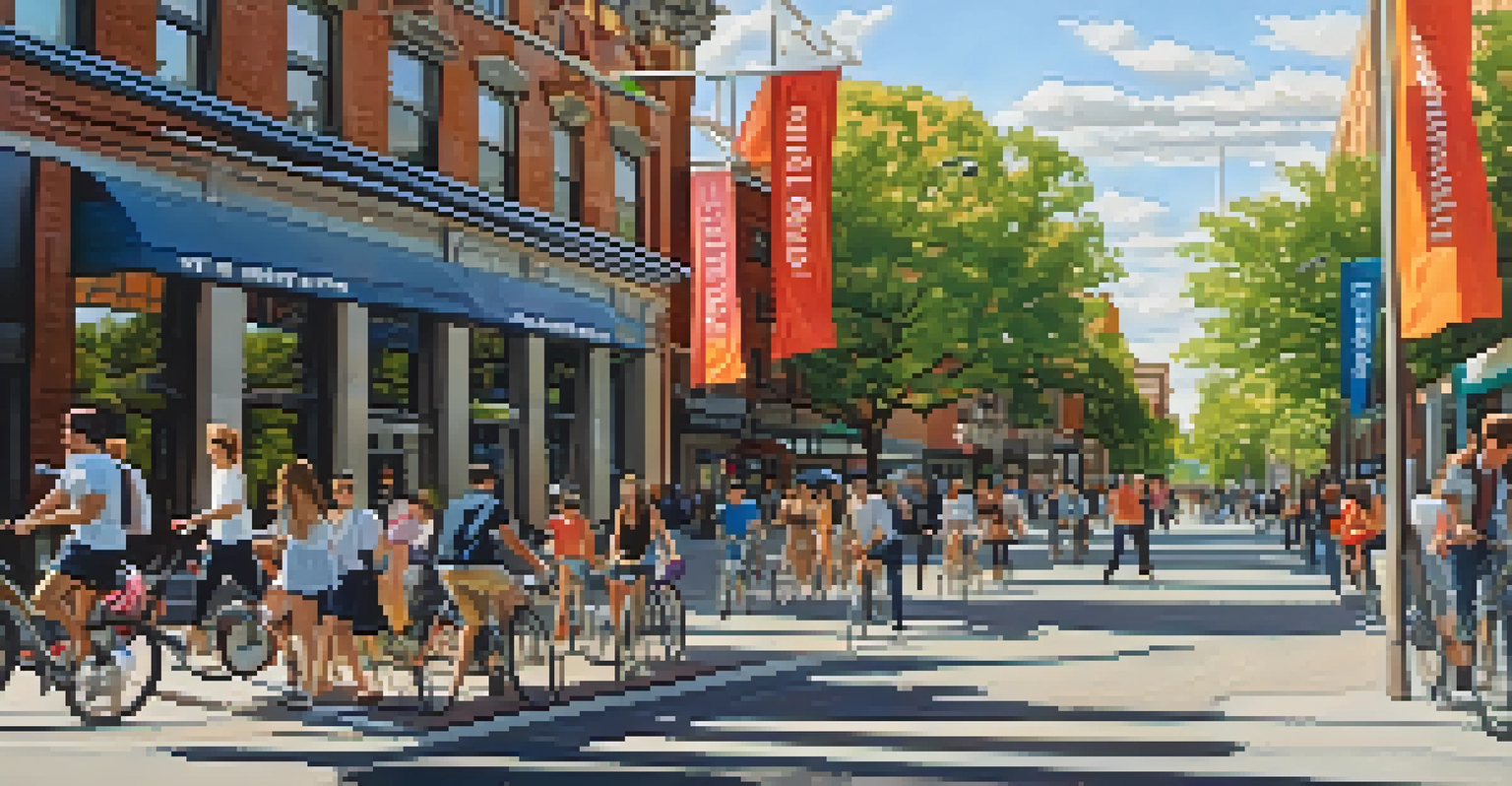 A lively street scene in Spokane's University District with students walking, modern buildings, and bright banners, capturing a youthful vibe.