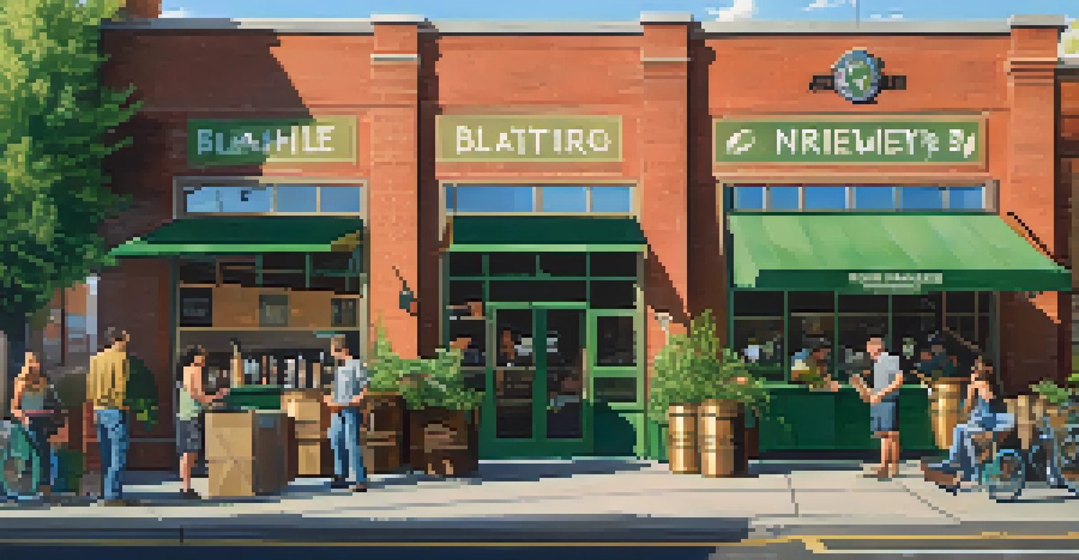 A local brewery with patrons participating in recycling initiatives, surrounded by greenery and a lively atmosphere.