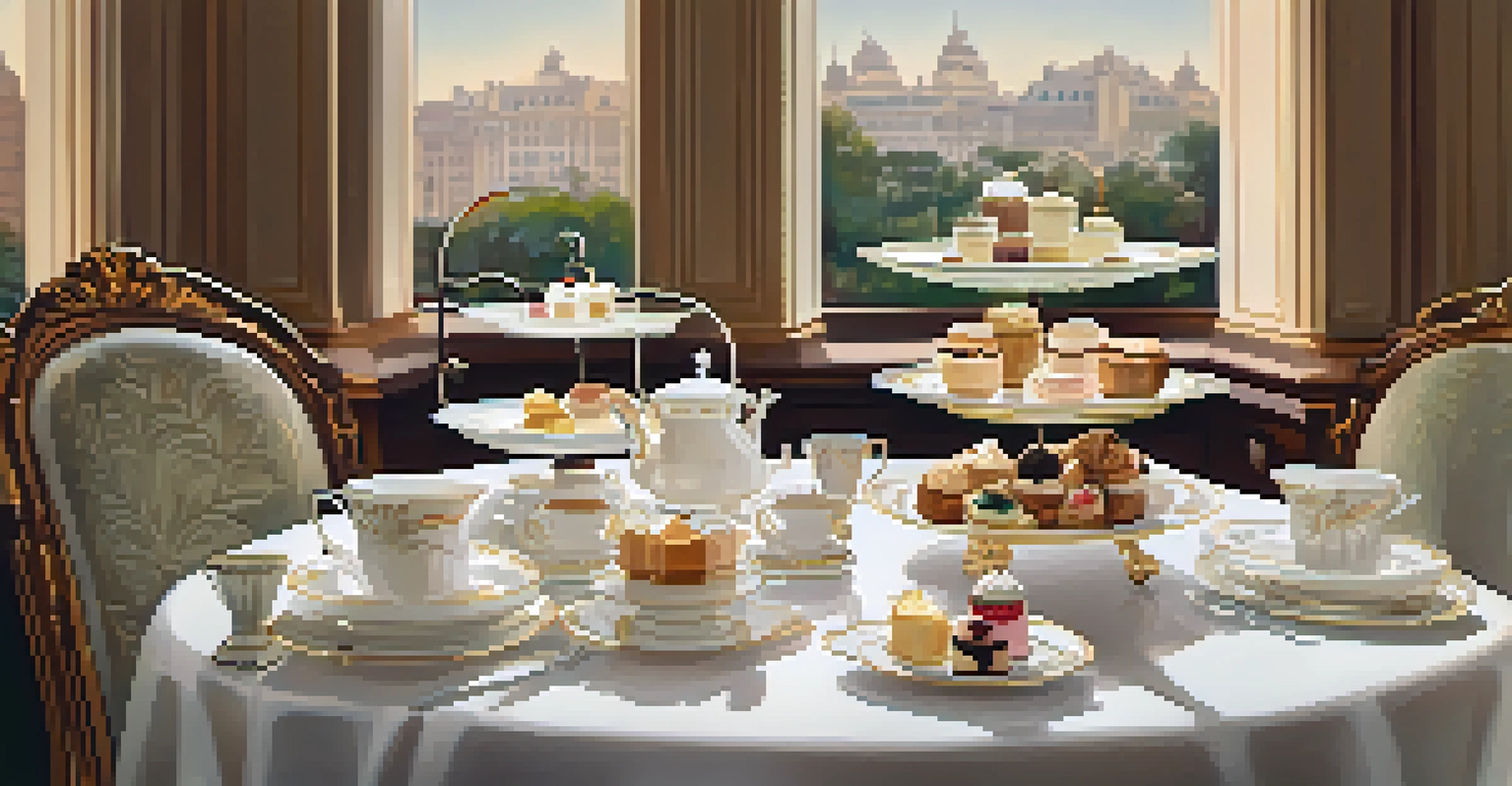 An elegantly set table for afternoon tea at the Davenport Hotel, featuring fine china and delicious pastries.