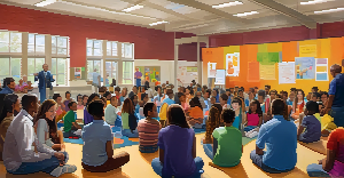 A community meeting in a school gymnasium with parents, teachers, and students discussing educational initiatives, surrounded by colorful posters.