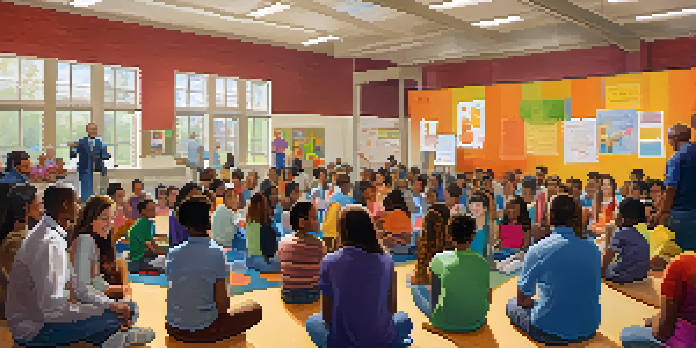 A community meeting in a school gymnasium with parents, teachers, and students discussing educational initiatives, surrounded by colorful posters.