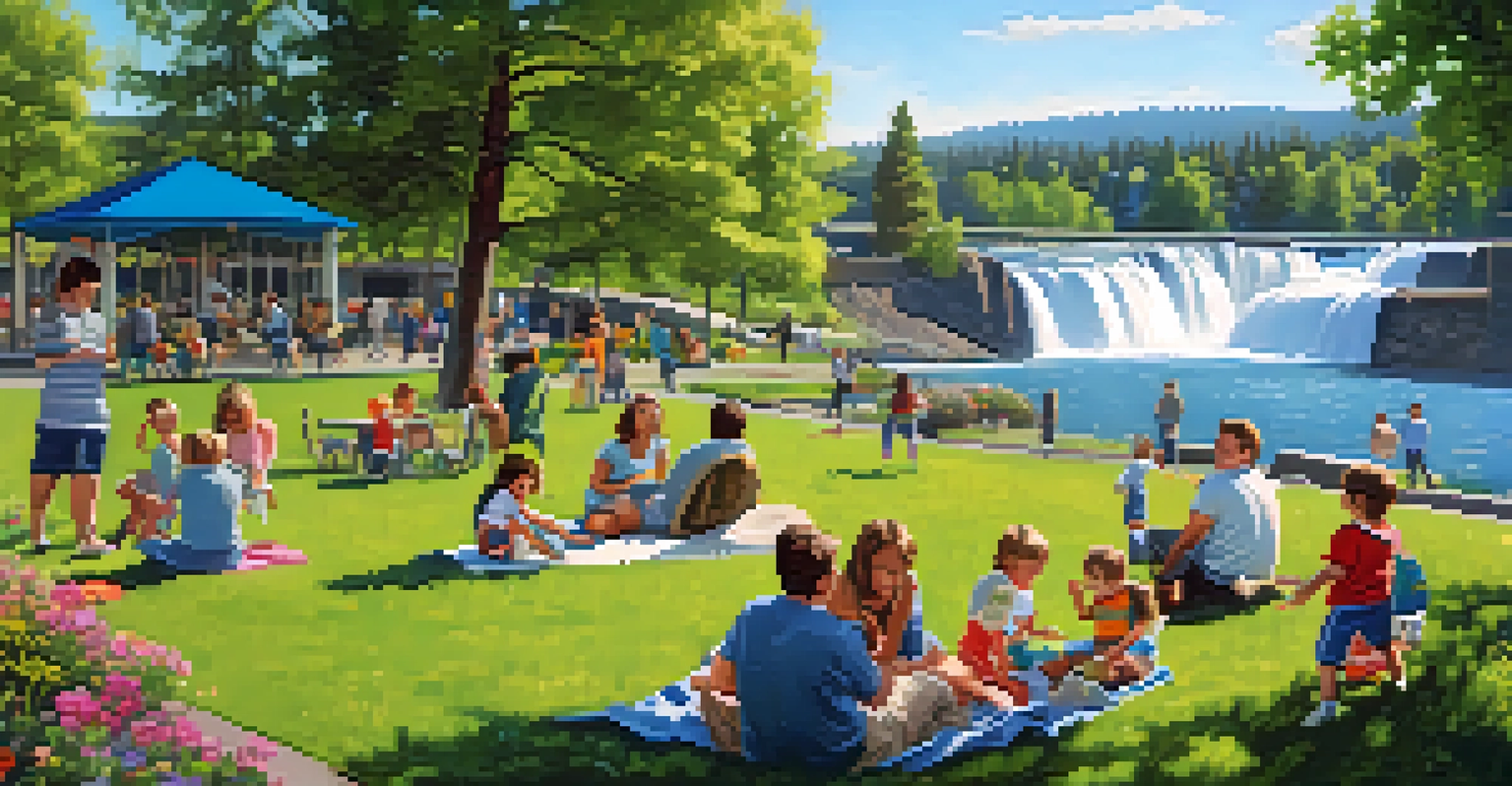 Families enjoying a sunny day at Riverfront Park with children playing and Spokane Falls in the background.