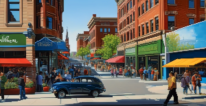 A lively downtown street in Spokane, adorned with colorful murals and public art, with people interacting with the creative displays and historic buildings in the background.