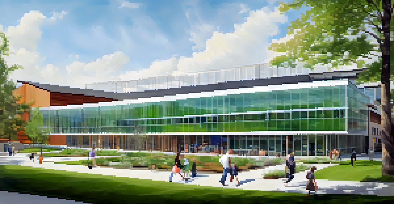 The Spokane Public Library with large windows, solar panels, and visitors enjoying the space.