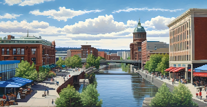 A wide view of downtown Spokane with a mix of modern and historical buildings, busy streets, and the Spokane River.
