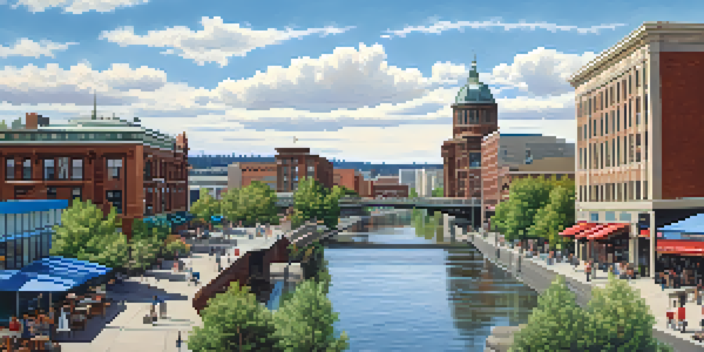 A wide view of downtown Spokane with a mix of modern and historical buildings, busy streets, and the Spokane River.
