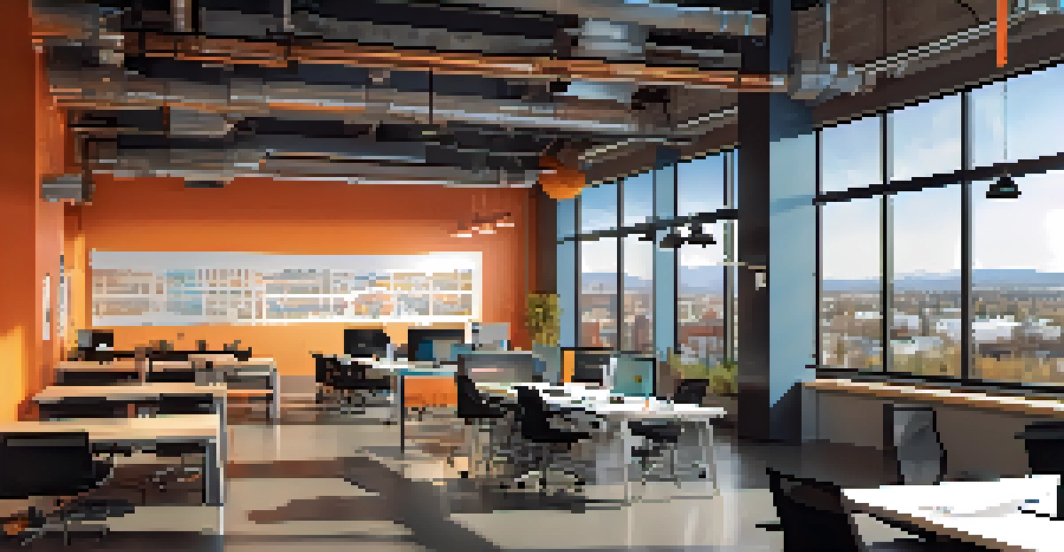 A panoramic view of Spokane's tech hub with professionals collaborating in a modern co-working space.
