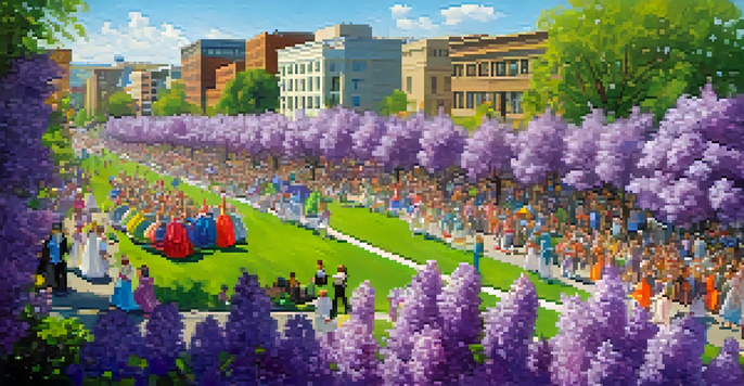 A lively parade at the Spokane Lilac Festival featuring colorful floats and performers, surrounded by joyful spectators.