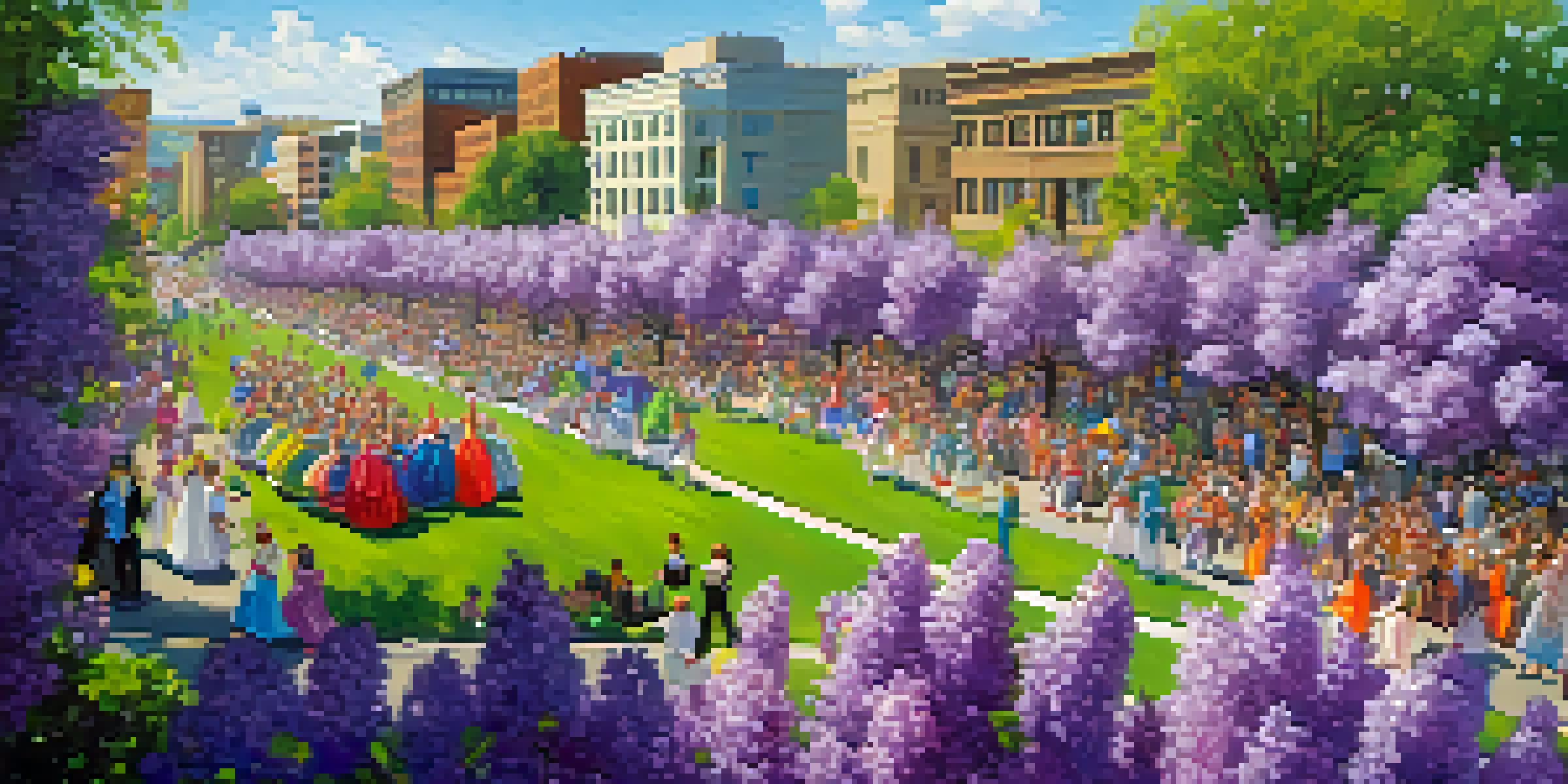 A lively parade at the Spokane Lilac Festival featuring colorful floats and performers, surrounded by joyful spectators.